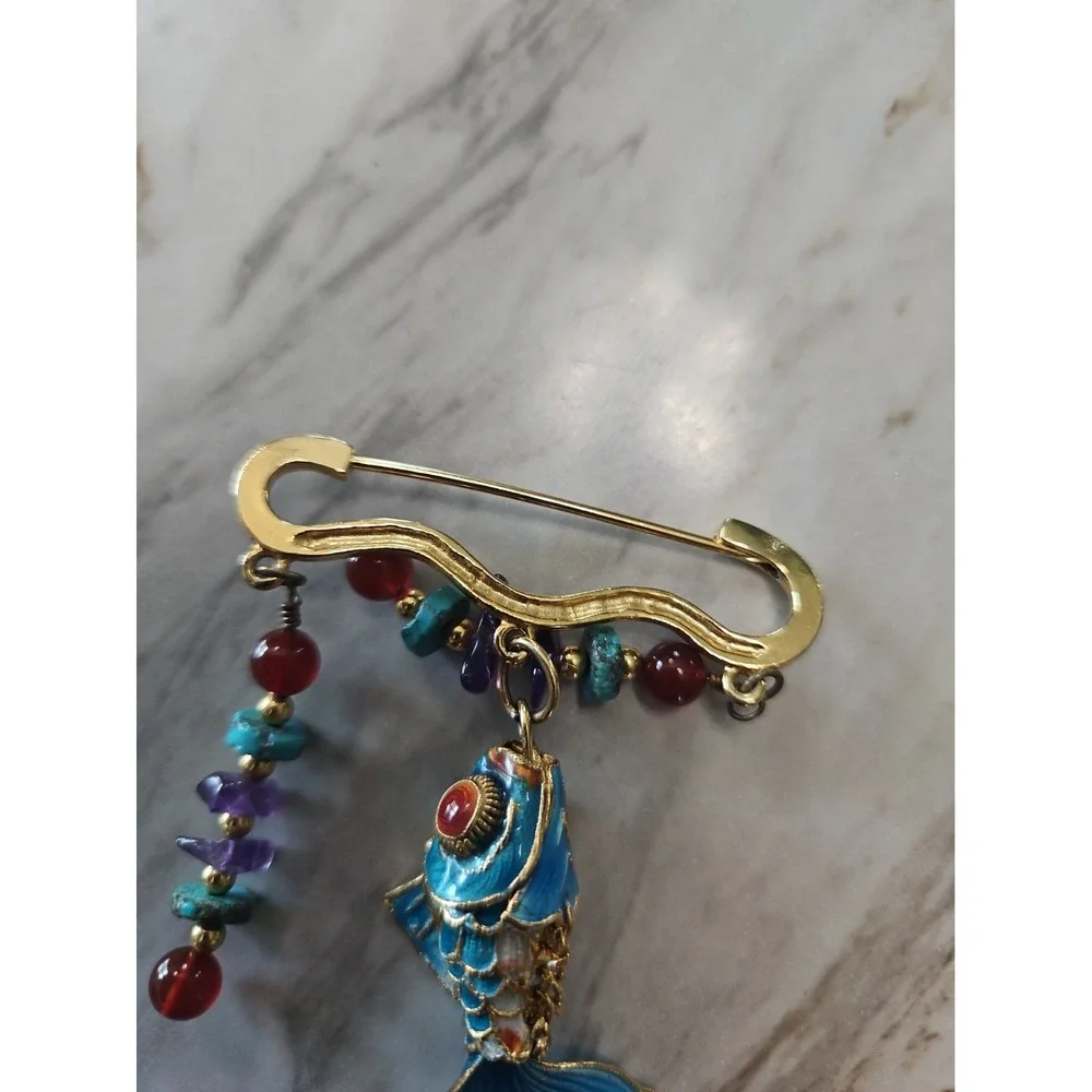 Vintage Cloisonne Enamel Koi Fish Brooch Gold Tone Accent Wearable Art